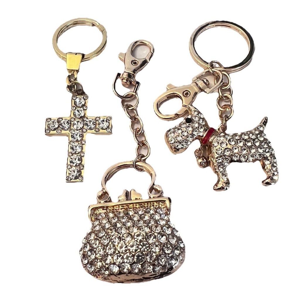SPARKLES! Vintage Lot 3 Crystal Keychains Gold Pendant Dog Cross Purse Bag Charm